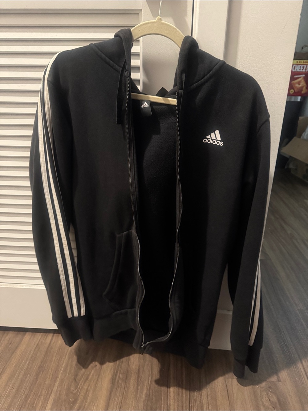 adidas Black Hooded Zip-Up Track Jacket with White Stripes